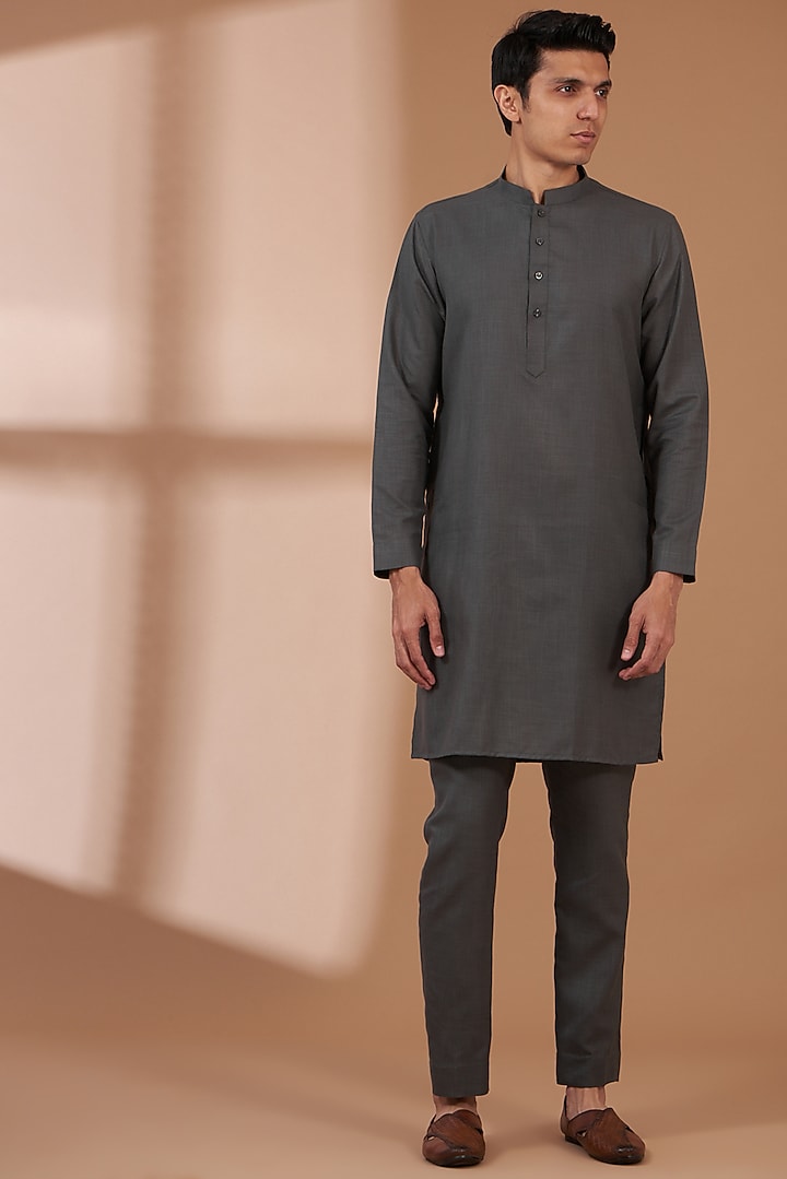Dark Grey Matka Cotton Embroidered Bundi Set by Manish Nagdeo Men at Pernia's Pop Up Shop