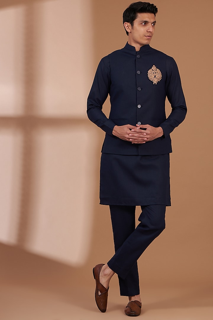 Navy Blue Matka Cotton Embroidered Bundi Set by Manish Nagdeo