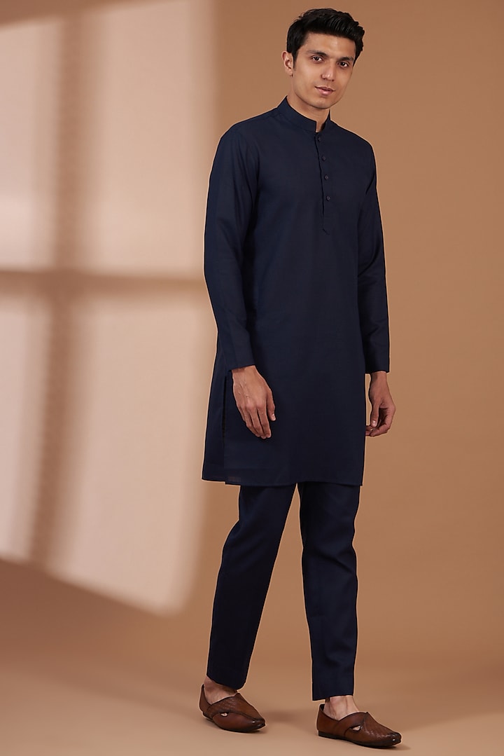 Navy Blue Matka Cotton Embroidered Bundi Set by Manish Nagdeo Men at Pernia's Pop Up Shop