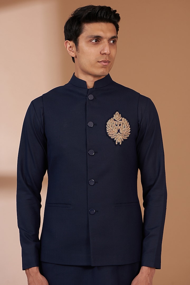 Navy Blue Matka Cotton Embroidered Bundi Set by Manish Nagdeo Men at Pernia's Pop Up Shop