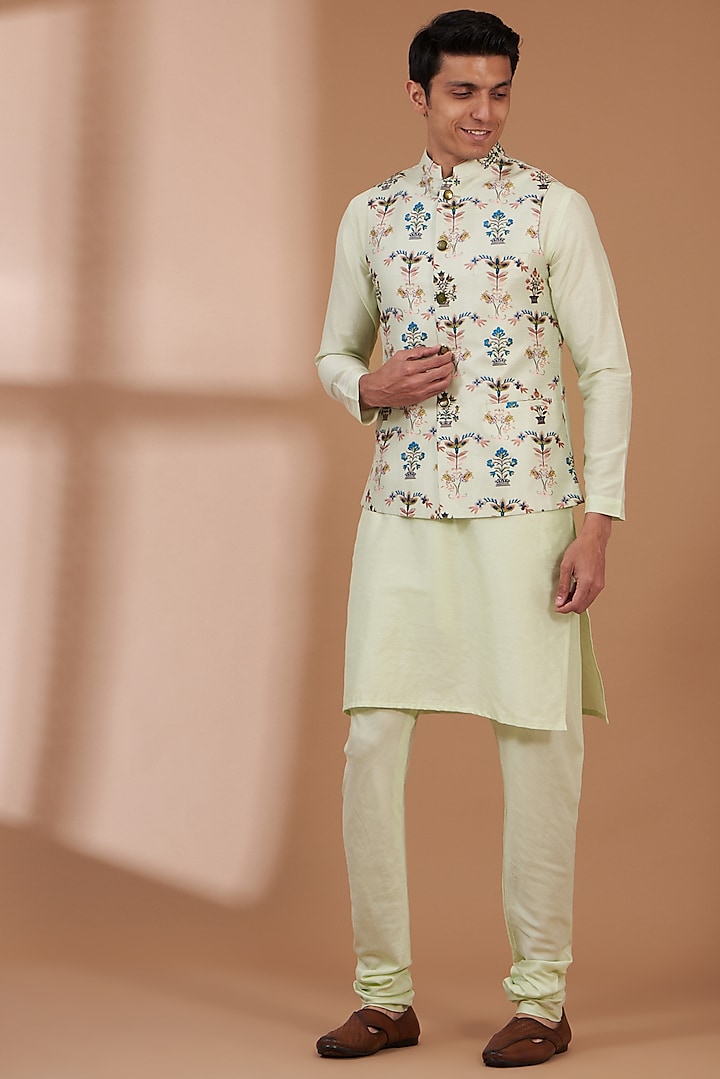 Mint Green Art Silk Printed Bundi Set by Manish Nagdeo Men