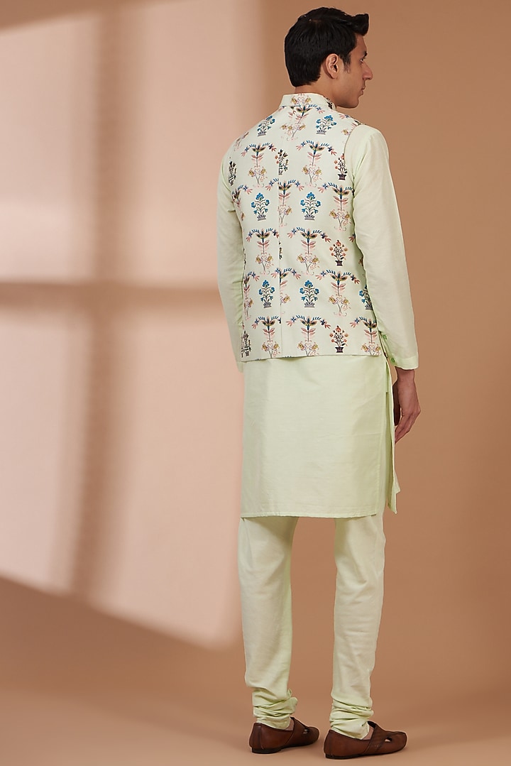 Mint Green Art Silk Printed Bundi Set by Manish Nagdeo Men at Pernia's Pop Up Shop