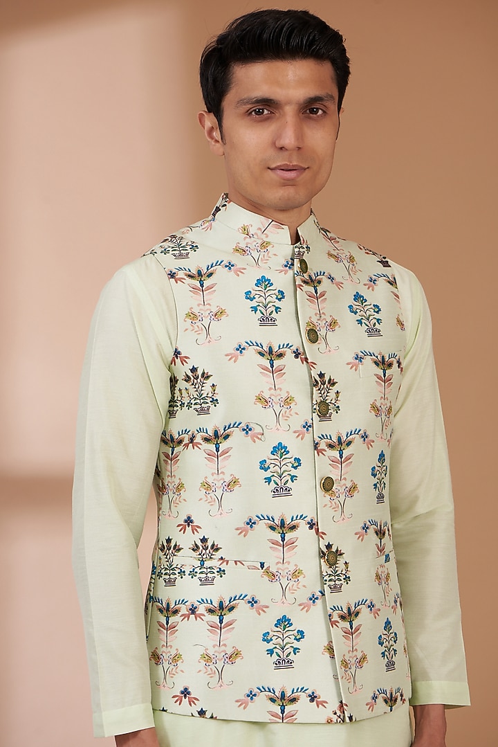 Mint Green Art Silk Printed Bundi Set by Manish Nagdeo Men at Pernia's Pop Up Shop