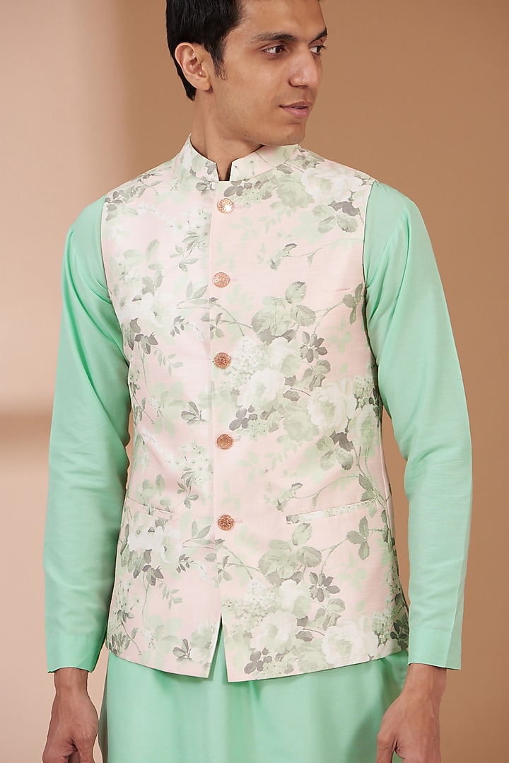 Pink Art Silk Printed Bundi Set by Manish Nagdeo Men at Pernia's Pop Up Shop