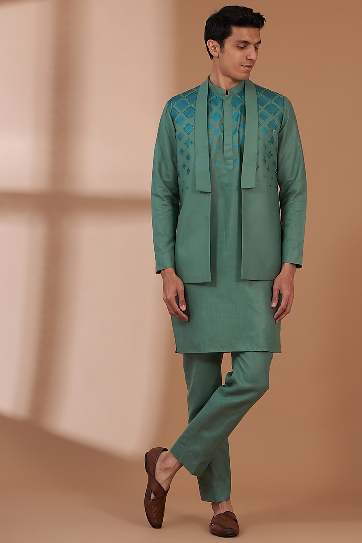Green Matka Cotton Printed Indowestern Jacket Set by Manish Nagdeo
