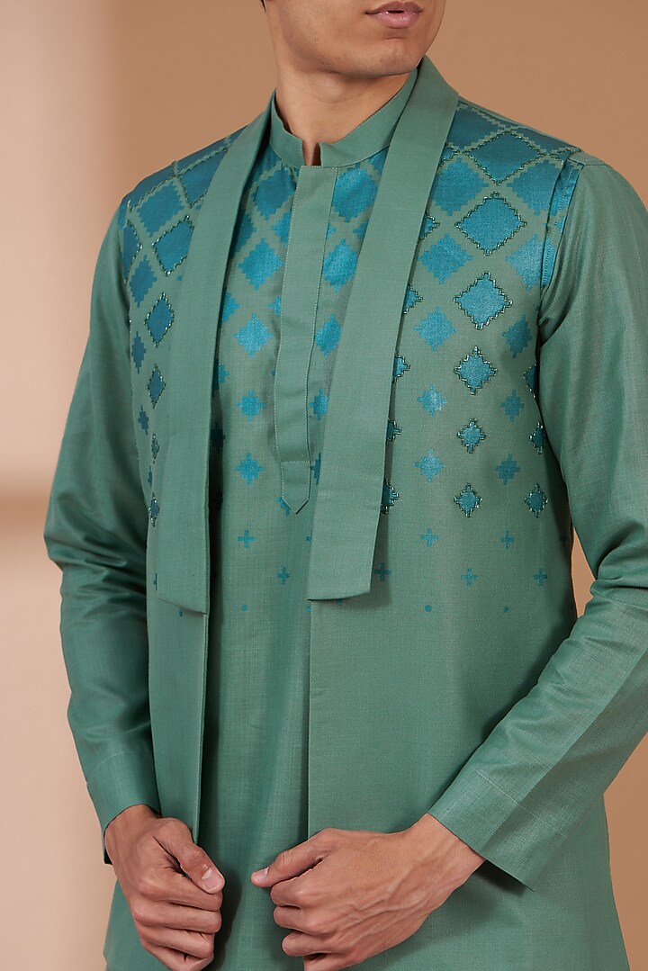 Green Matka Cotton Printed Indowestern Jacket Set by Manish Nagdeo Men at Pernia's Pop Up Shop