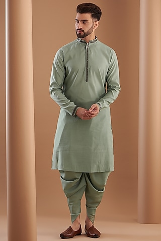Green Modal Embroidered Kurta Set by Manish Nagdeo Men