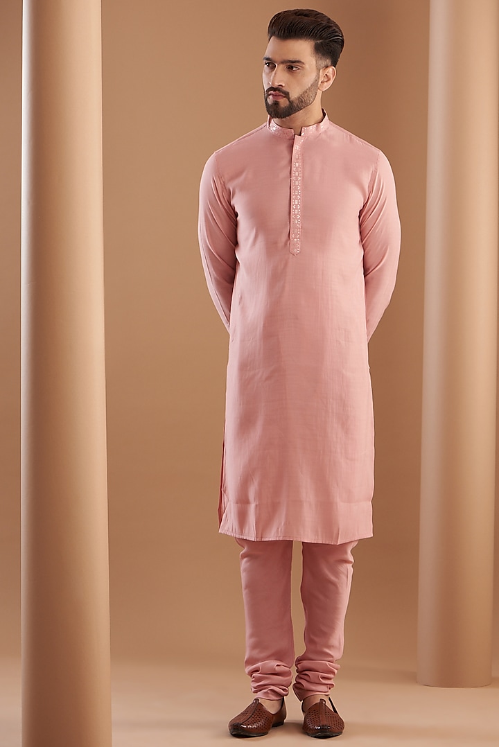 Powder Pink Modal Embroidered Kurta Set by Manish Nagdeo Men at Pernia's Pop Up Shop