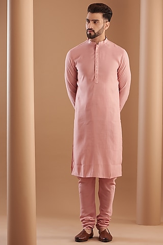 Powder Pink Modal Embroidered Kurta Set by Manish Nagdeo Men
