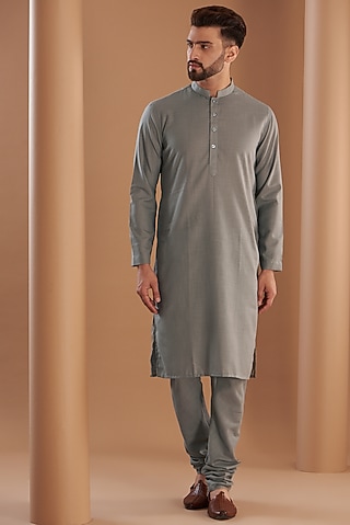 Ash Grey Matka Cotton Embroidered Kurta Set by Manish Nagdeo Men