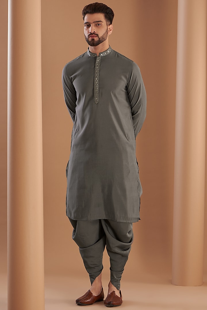 Grey Modal Embroidered Kurta Set by Manish Nagdeo Men