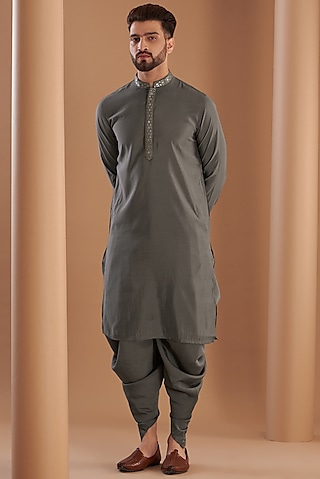 Grey Modal Embroidered Kurta Set by Manish Nagdeo Men