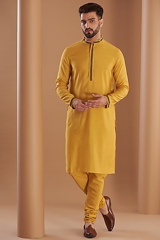 Yellow Modal Embroidered Kurta Set by Manish Nagdeo Men