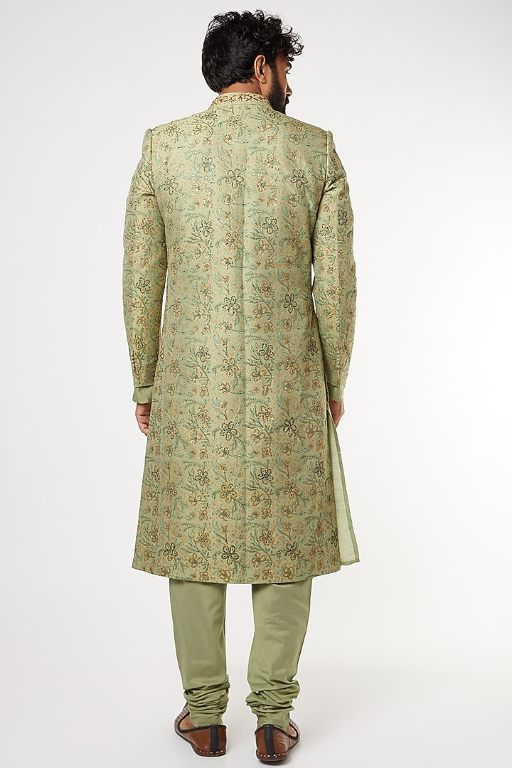 Olive Green Hand Embroidered Wedding Sherwani Set by Manish Nagdeo Men at Pernia's Pop Up Shop