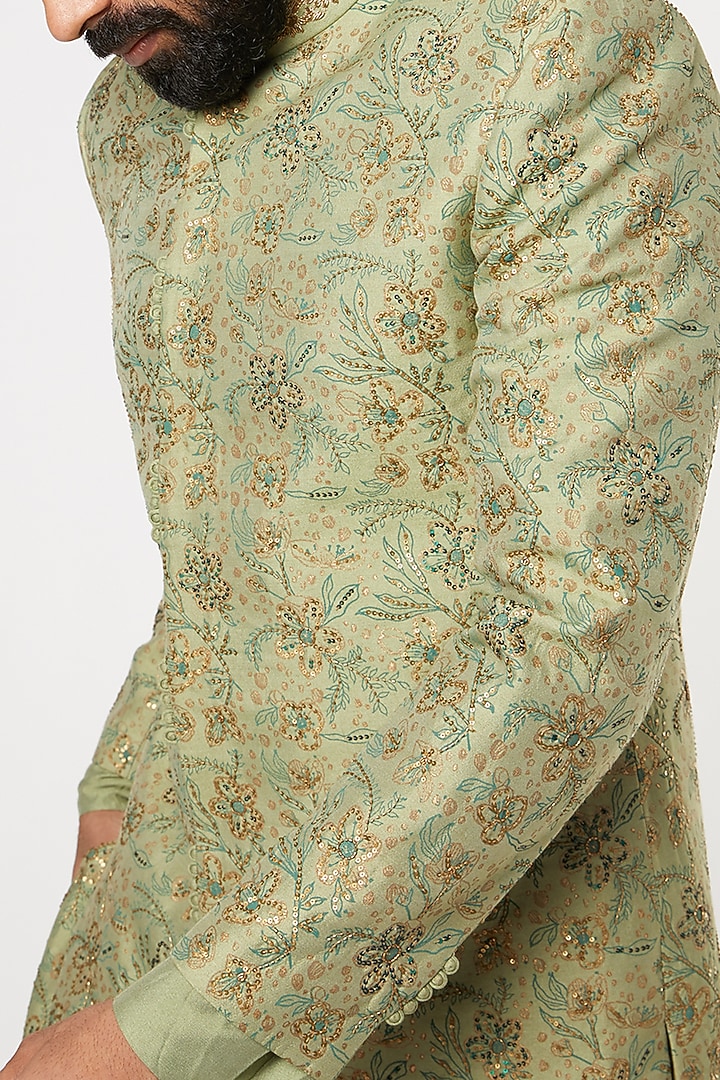 Olive Green Hand Embroidered Wedding Sherwani Set by Manish Nagdeo Men at Pernia's Pop Up Shop