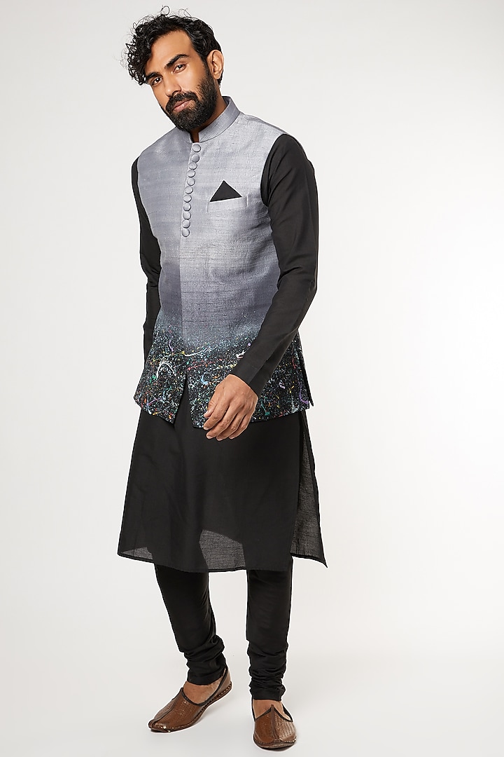 Black Kurta Set With Ombre Nehru Jacket by Manish Nagdeo