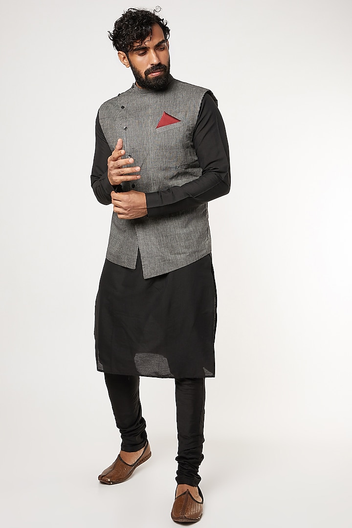 Black Kurta Set With Grey Nehru Jacket by Manish Nagdeo