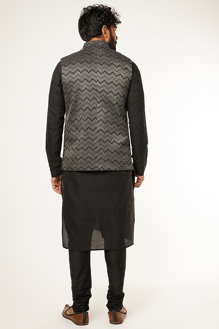 Black Cotton Silk Thread Work Nehru Jacket Set by Manish Nagdeo Men at Pernia's Pop Up Shop
