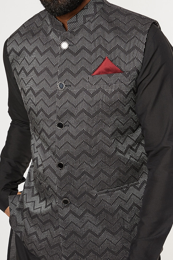 Black Cotton Silk Thread Work Nehru Jacket Set by Manish Nagdeo Men at Pernia's Pop Up Shop