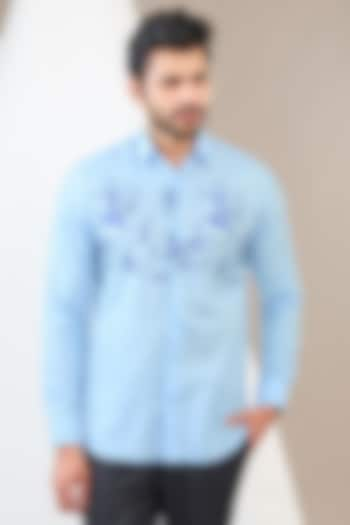 Blue Cotton Blend Floral Printed Shirt by Manish Nagdeo Men