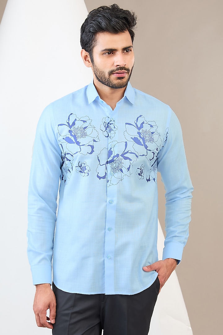 Blue Cotton Blend Floral Printed Shirt by Manish Nagdeo Men