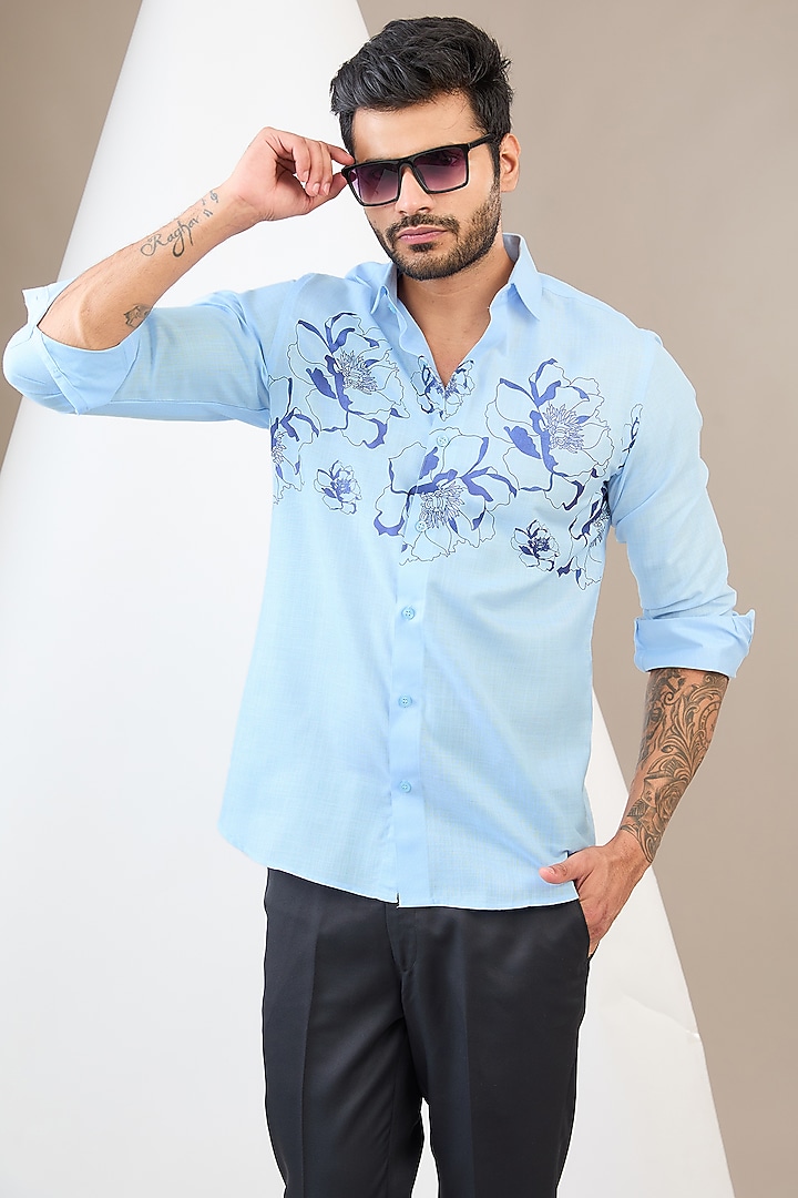 Blue Cotton Blend Floral Printed Party Wear Shirt by Manish Nagdeo Men at Pernia's Pop Up Shop