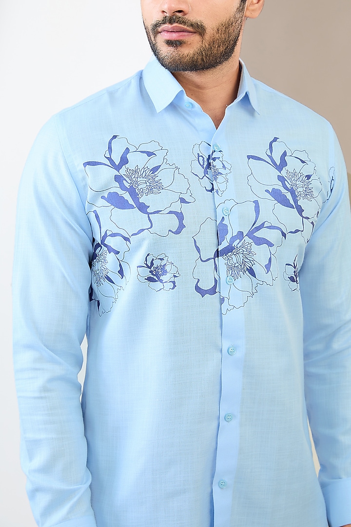 Blue Cotton Blend Floral Printed Party Wear Shirt by Manish Nagdeo Men at Pernia's Pop Up Shop