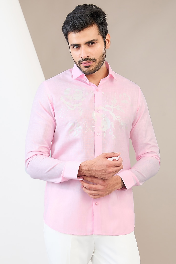 Pink Cotton Blend Floral Printed Shirt by Manish Nagdeo Men