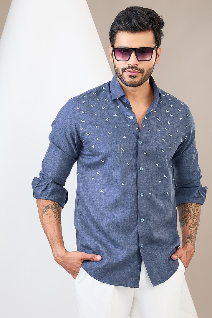 Blue Cotton Blend Animal Printed Party Wear Shirt by Manish Nagdeo Men at Pernia's Pop Up Shop