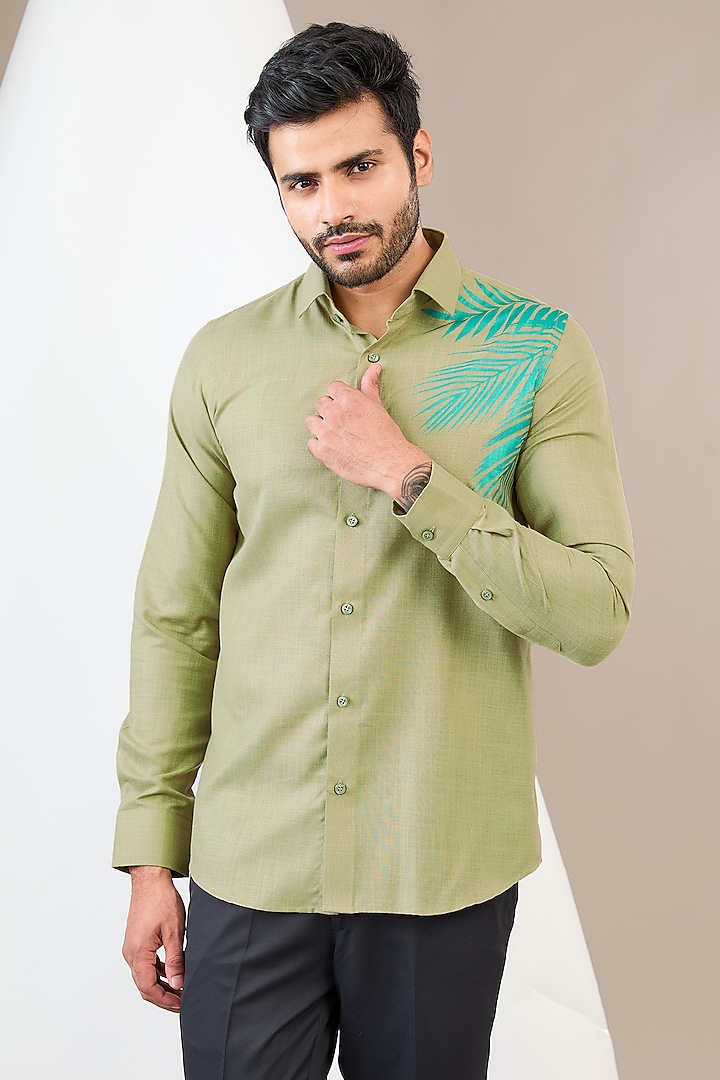 Green Cotton Blend Floral Printed Shirt by Manish Nagdeo Men