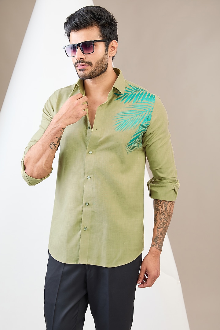 Green Cotton Blend Floral Printed Party Wear Shirt by Manish Nagdeo Men at Pernia's Pop Up Shop