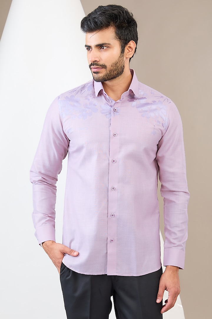 Mauve Cotton Blend Floral Printed Shirt by Manish Nagdeo Men