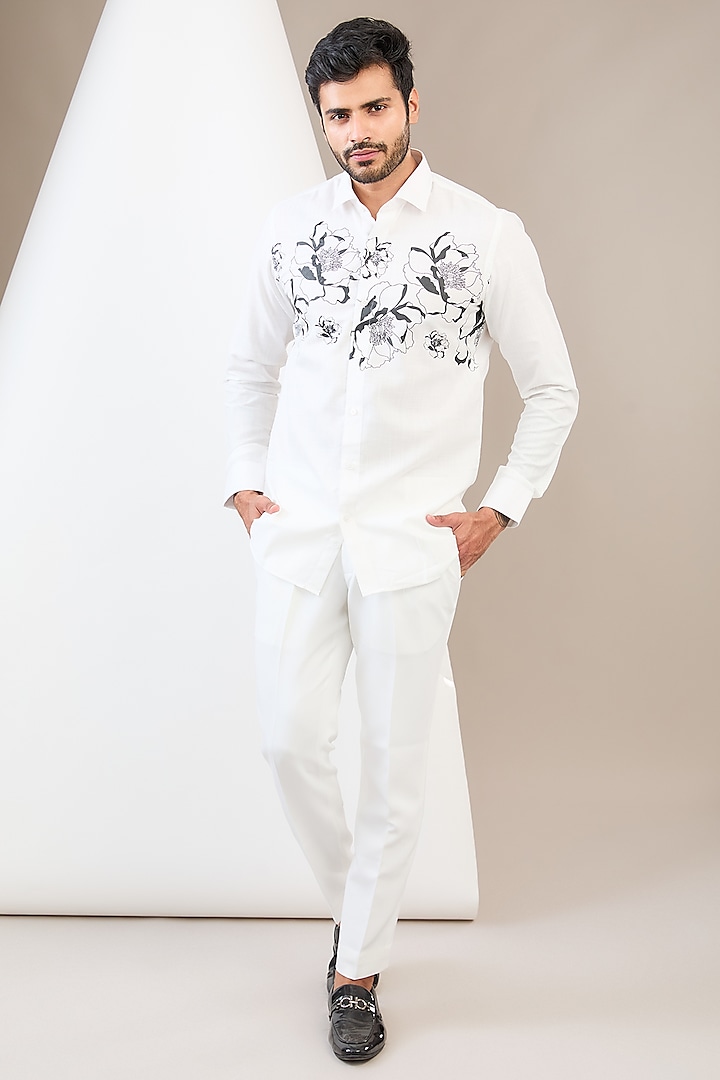 White Cotton Blend Floral Printed Shirt by Manish Nagdeo Men