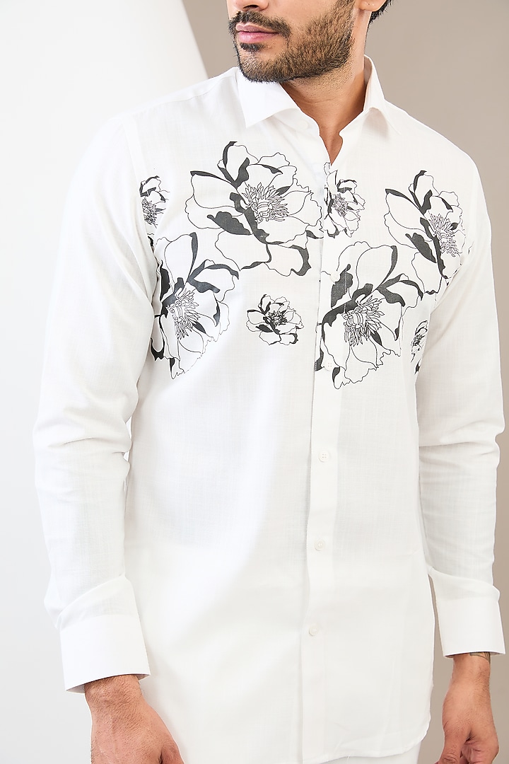 White Cotton Blend Floral Printed Party Wear Shirt by Manish Nagdeo Men at Pernia's Pop Up Shop