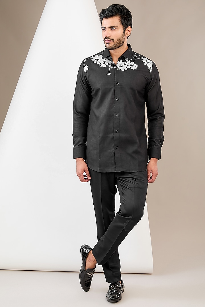 Black Cotton Blend Floral Printed Shirt by Manish Nagdeo Men