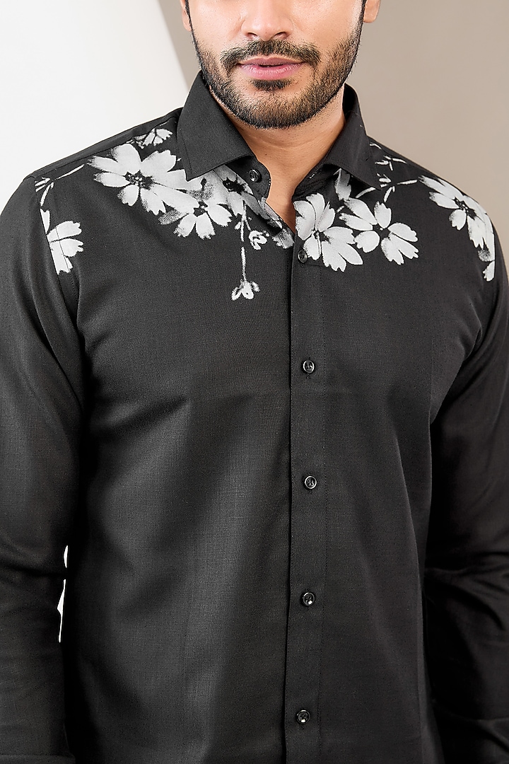Black Cotton Blend Floral Printed Party Wear Shirt by Manish Nagdeo Men at Pernia's Pop Up Shop