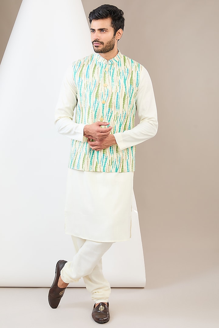 Ivory Ruby Silk Tie-Dye Printed Bundi Jacket Set by Manish Nagdeo Men at Pernia's Pop Up Shop