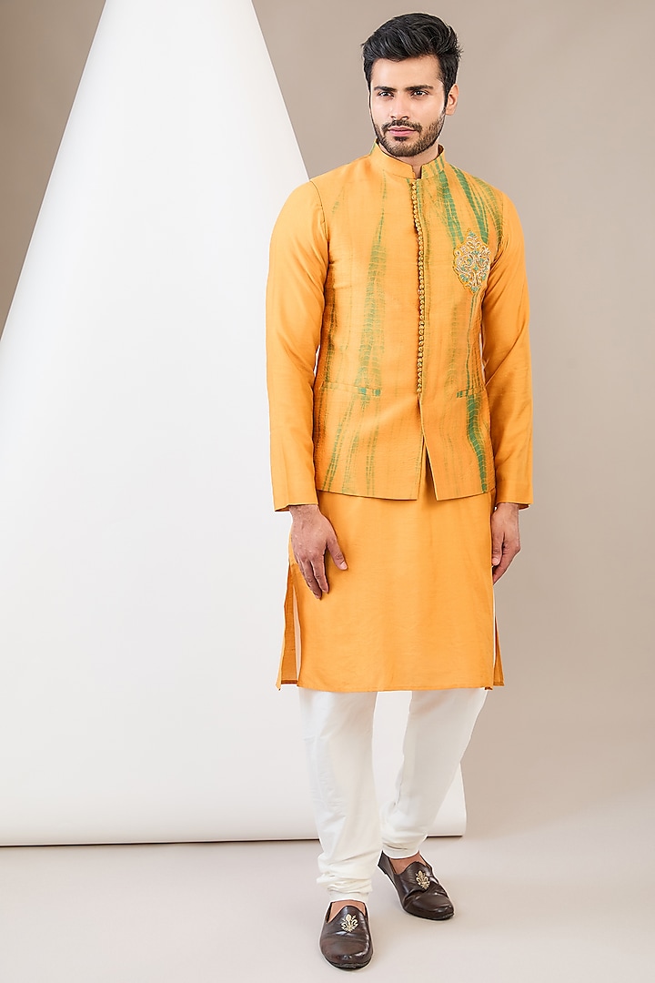 Mustard Art Silk Hand Embroidered Tie-Dyed Bundi Jacket Set by Manish Nagdeo