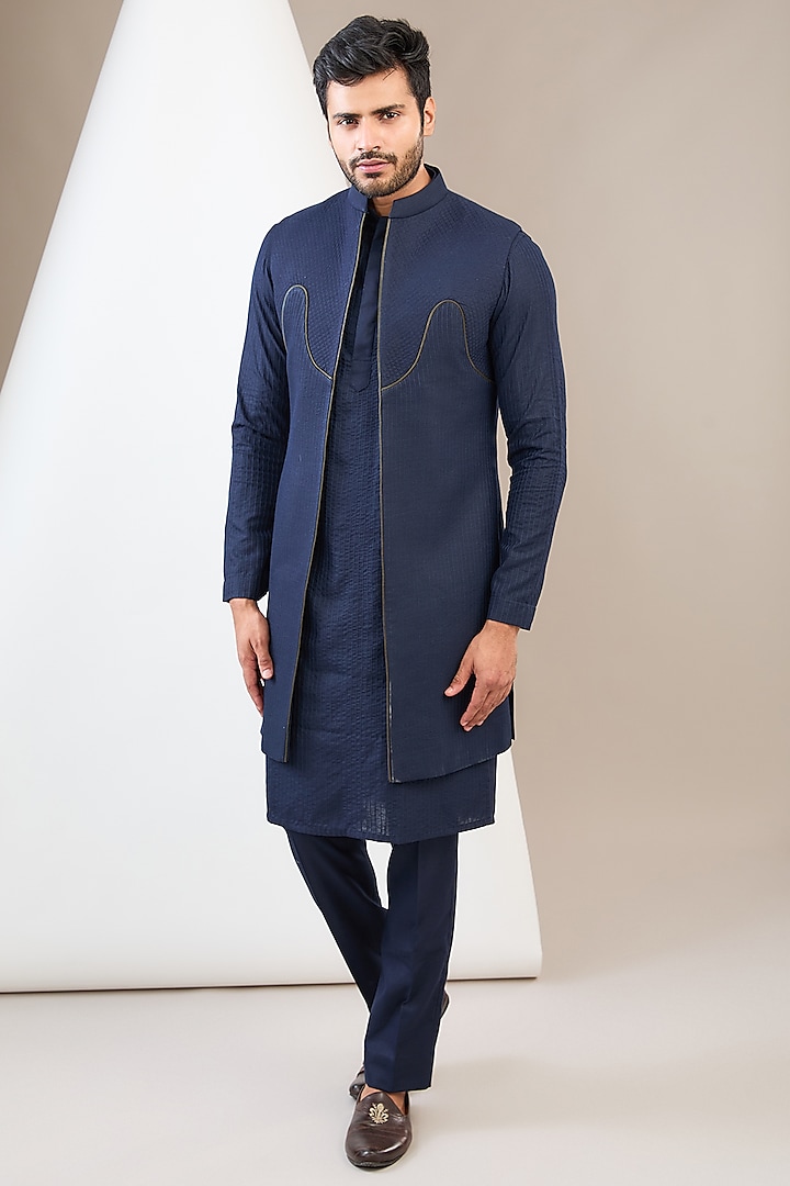 Blue Ruby Silk Dori Work Indowestern Set by Manish Nagdeo Men at Pernia's Pop Up Shop