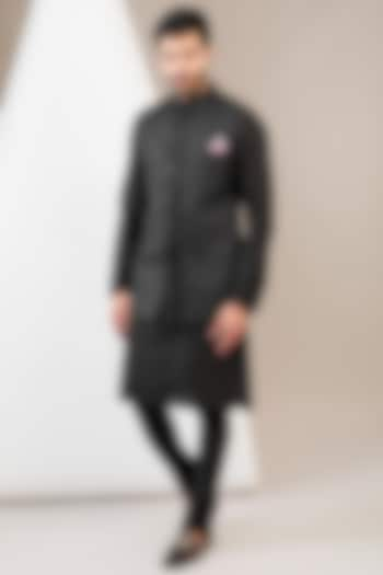 Black Ruby Silk Dori Work Asymmetric Bundi Jacket Set by Manish Nagdeo Men at Pernia's Pop Up Shop