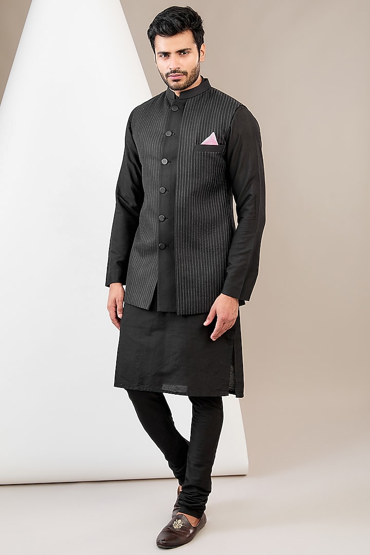 Black Ruby Silk Dori Work Asymmetric Bundi Jacket Set by Manish Nagdeo Men at Pernia's Pop Up Shop