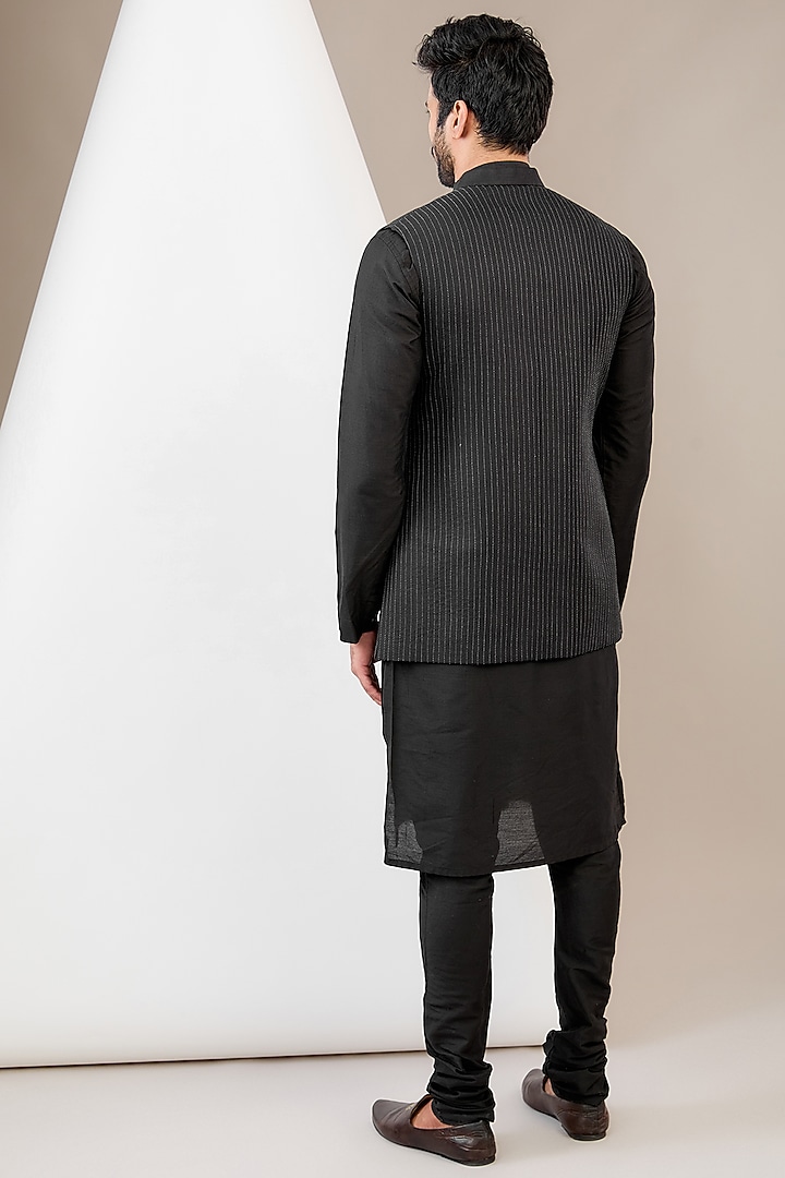 Black Ruby Silk Dori Work Asymmetric Bundi Jacket Set by Manish Nagdeo Men at Pernia's Pop Up Shop