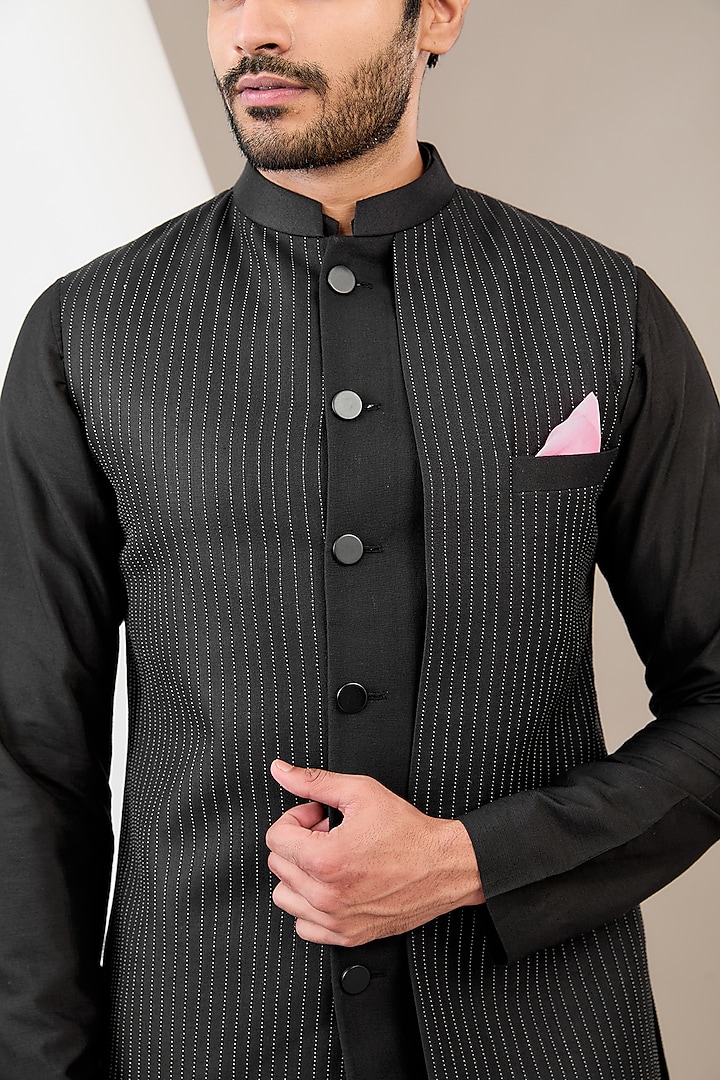 Black Ruby Silk Dori Work Asymmetric Bundi Jacket Set by Manish Nagdeo Men at Pernia's Pop Up Shop