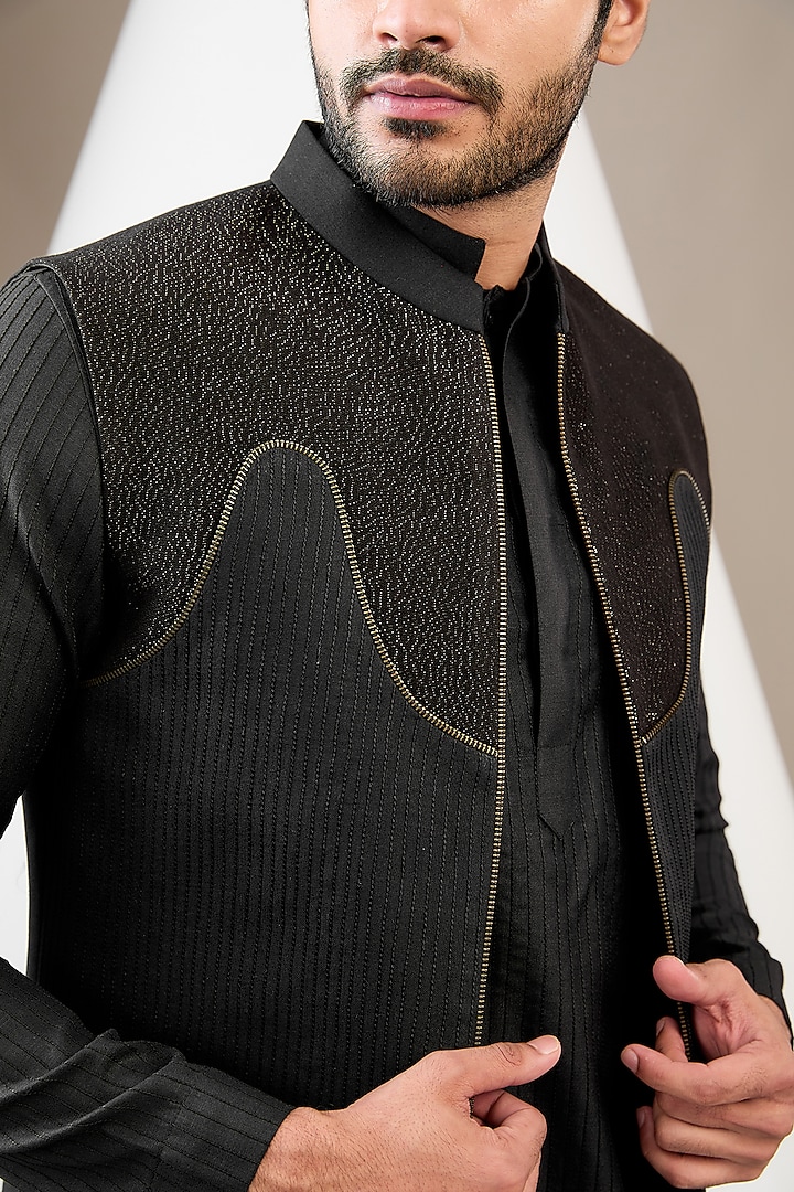 Black Ruby Silk Dori Work Wedding Indowestern Set by Manish Nagdeo Men at Pernia's Pop Up Shop