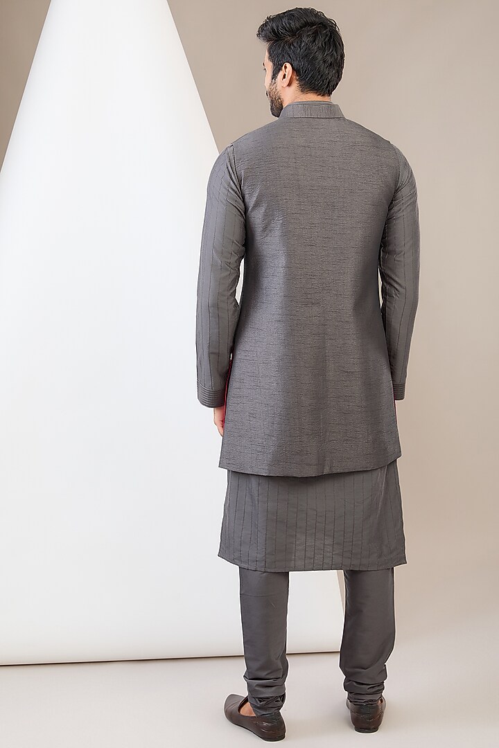 Grey Ombre Art Silk Motif Hand Embroidered Wedding Indowestern Set by Manish Nagdeo Men at Pernia's Pop Up Shop
