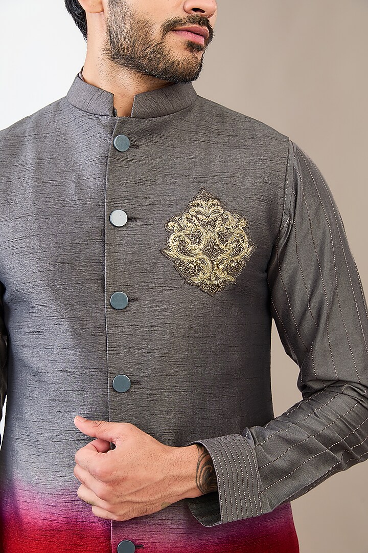 Grey Ombre Art Silk Motif Hand Embroidered Wedding Indowestern Set by Manish Nagdeo Men at Pernia's Pop Up Shop