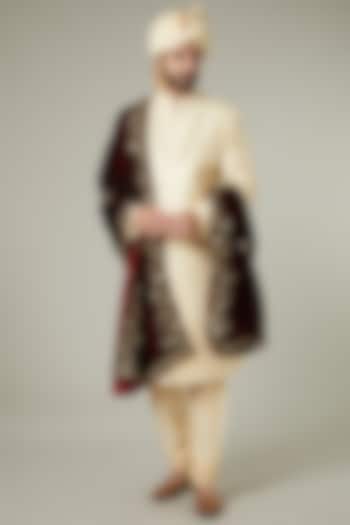 Beige Art Silk Embroidered Wedding Sherwani Set by Manish Nagdeo Men at Pernia's Pop Up Shop