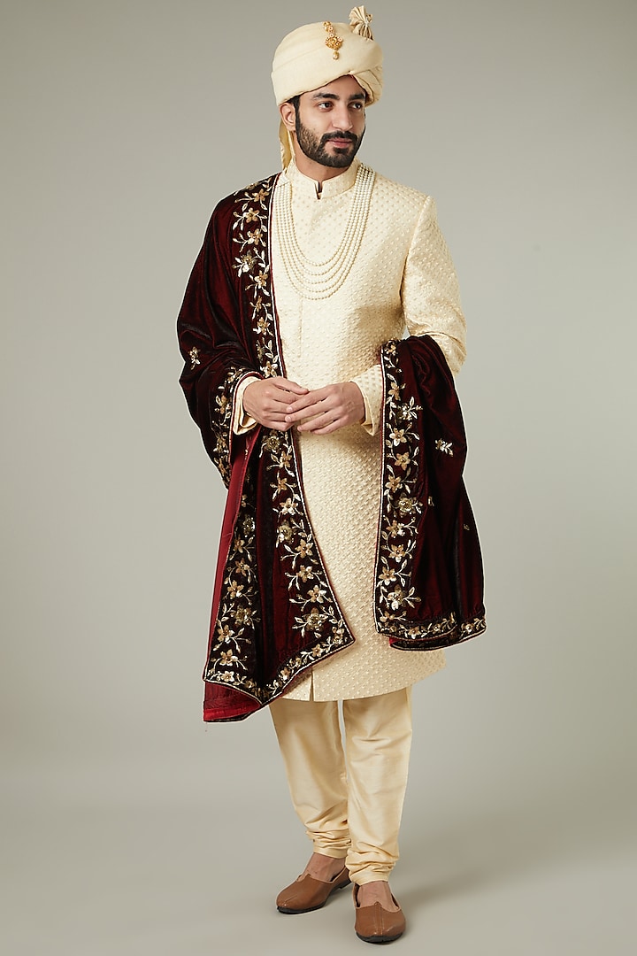 Beige Art Silk Embroidered Wedding Sherwani Set by Manish Nagdeo Men at Pernia's Pop Up Shop