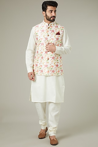 Ivory Printed Bundi Jacket With Kurta Set by Manish Nagdeo Men