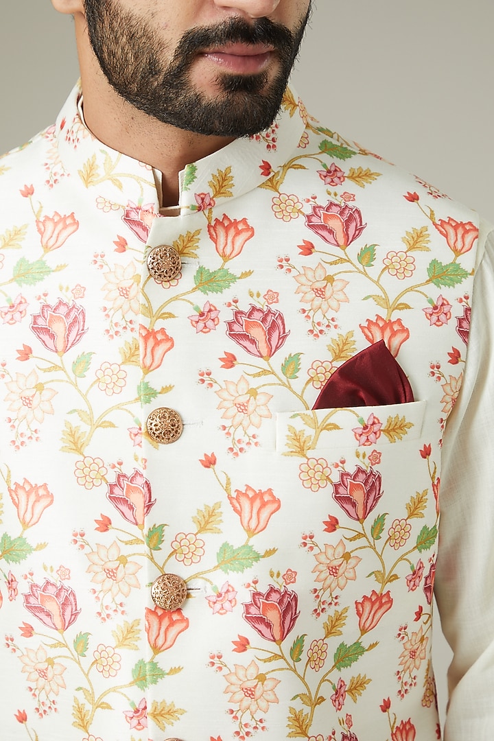 Ivory Printed Bundi Jacket With Kurta Set by Manish Nagdeo Men at Pernia's Pop Up Shop